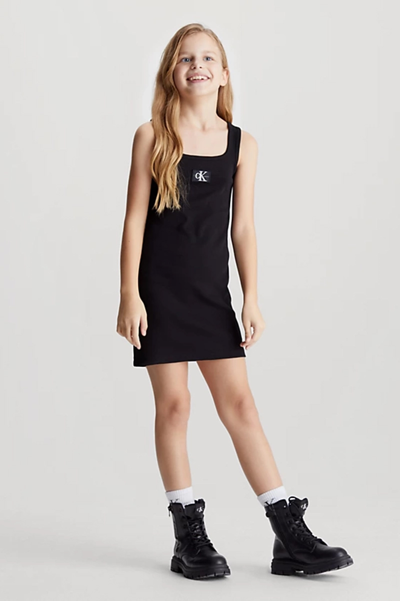 Calvin Klein Rib badge square neck tank dress Zwart-1 2